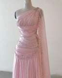 Sheath One Shoulder Pink Long Chiffon Evening Gown Prom Dresses HZ0628