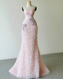 Mermaid Strapless Tulle Pink Long Prom Dresses Party Dress SD2316