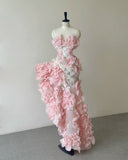 High Low Strapless Tulle Pink Long Prom Dresses Party Dress SD2317