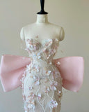 Mermaid Strapless Pink Sequin Long Floral Prom Dresses Party Dress SD2319