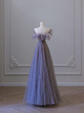 A line Off The Shoulder Light Grape Tulle Long Prom Dresses Evening Gowns SD2321