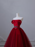 Ball Gown Strapless Burgundy Tulle Long Prom Dresses Evening Gowns SD2322