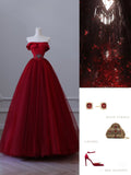 Ball Gown Strapless Burgundy Tulle Long Prom Dresses Evening Gowns SD2322