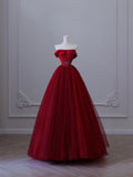 Ball Gown Strapless Burgundy Tulle Long Prom Dresses Evening Gowns SD2322