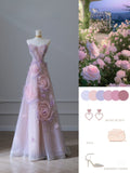 Ball Gown Sweetheart Pink Floral Tulle Long Prom Dresses Evening Gowns SD2323