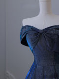 A Line Off The Shoulder Blue Sequin Long Prom Dresses Evening Gowns SD2328