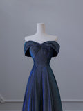 A Line Off The Shoulder Blue Sequin Long Prom Dresses Evening Gowns SD2328