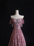 A Line Off The Shoulder Pink Sequin Long Prom Dresses Evening Gowns SD2329