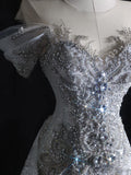 Mermaid Off The Shoulder Silver Beads Long Prom Dresses Formal Evening Dress SD2333