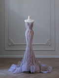 Mermaid Strapless Lilac Sequin Beads Long Prom Dresses Formal Evening Dress SD2334