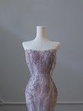 Mermaid Strapless Lilac Sequin Beads Long Prom Dresses Formal Evening Dress SD2334