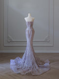 Mermaid Strapless Lilac Sequin Beads Long Prom Dresses Formal Evening Dress SD2334