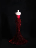Mermaid Spaghetti Straps Sequin Beads Burgundy Long Prom Dresses Formal Evening Dress SD2337
