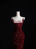 Mermaid Spaghetti Straps Sequin Beads Burgundy Long Prom Dresses Formal Evening Dress SD2337