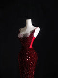 Mermaid Spaghetti Straps Sequin Beads Burgundy Long Prom Dresses Formal Evening Dress SD2337