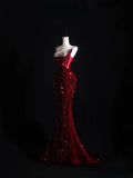 Mermaid Spaghetti Straps Sequin Beads Burgundy Long Prom Dresses Formal Evening Dress SD2337