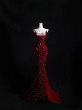 Mermaid Spaghetti Straps Sequin Beads Burgundy Long Prom Dresses Formal Evening Dress SD2337