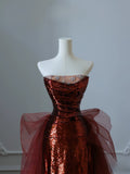 Mermaid Strapless Sequin Long Burgundy Ruffles Long Prom Dresses Formal Evening Dress SD2350
