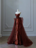 Mermaid Strapless Sequin Long Burgundy Ruffles Long Prom Dresses Formal Evening Dress SD2350