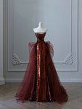 Mermaid Strapless Sequin Long Burgundy Ruffles Long Prom Dresses Formal Evening Dress SD2350