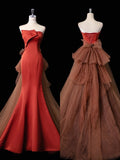 Mermaid Strapless Satin Long Rust Red Ruffles Long Prom Dresses Formal Evening Dress SD2354