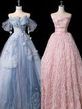 A Line Off The Shoulder Blue Tulle Long Prom Dresses Formal Evening Dress SD2356