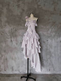 Irregular Ruffled Suspender Prom Dresses With Detachable Rose Long Birthday Dress For Women SD235