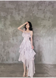 Irregular Ruffled Suspender Prom Dresses With Detachable Rose Long Birthday Dress For Women SD235