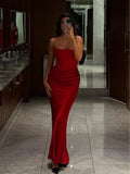Mermaid Strapless Satin Red Long Ruffles Prom Dresses Formal Evening Dress SD2364