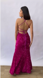 Mermaid Spaghetti Straps Backless Sequin Long Party Dresses Prom Dress SD2368