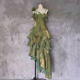 Irregular Ruffled Spaghetti Straps Green Prom Dresses With Detachable Rose Long Birthday Dress For Women SD236