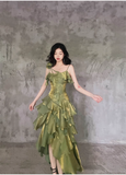 Irregular Ruffled Spaghetti Straps Green Prom Dresses With Detachable Rose Long Birthday Dress For Women SD236
