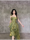Irregular Ruffled Spaghetti Straps Green Prom Dresses With Detachable Rose Long Birthday Dress For Women SD236