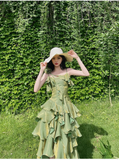 Irregular Ruffled Spaghetti Straps Green Prom Dresses With Detachable Rose Long Birthday Dress For Women SD236
