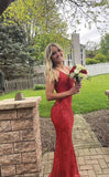 Mermaid Spaghetti Straps Red Sequin Long Party Dresses Prom Dress SD2371