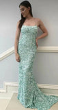 Mermaid Spaghetti Straps Maxi Long Party Blue Sequin Prom Dresses Evening Dress SD2378