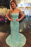 Mermaid Spaghetti Straps Maxi Long Party Blue Sequin Prom Dresses Evening Dress SD2378