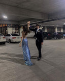 Mermaid Spaghetti Straps Maxi Long Party Blue Sequin Prom Dresses Evening Dress SD2378