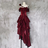 Irregular Ruffled Spaghetti Straps Burgundy Prom Dresses With Detachable Rose Long Birthday Dress For Women SD237