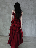 Irregular Ruffled Spaghetti Straps Burgundy Prom Dresses With Detachable Rose Long Birthday Dress For Women SD237
