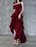 Irregular Ruffled Spaghetti Straps Burgundy Prom Dresses With Detachable Rose Long Birthday Dress For Women SD237