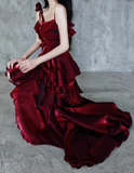 Irregular Ruffled Spaghetti Straps Burgundy Prom Dresses With Detachable Rose Long Birthday Dress For Women SD237