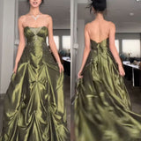 Ball Gown Strapless Satin Olive Green Long Ruffles Prom Dresses Formal Evening Dress SD2381 HZ0628