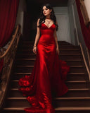 Mermaid Spaghetti Straps Red Satin Long Party Dresses Prom Dress SD2382