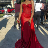Mermaid Spaghetti Straps Slit Red Satin Prom Dresses Long Party Dress SD2386