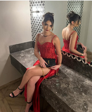 Mermaid Spaghetti Straps Slit Red Satin Prom Dresses Long Party Dress SD2386