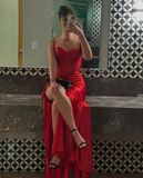Mermaid Spaghetti Straps Slit Red Satin Prom Dresses Long Party Dress SD2386