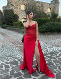 Mermaid Spaghetti Straps Slit Red Satin Prom Dresses Long Party Dress SD2386