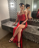 Mermaid Spaghetti Straps Slit Red Satin Prom Dresses Long Party Dress SD2386