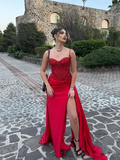 Mermaid Spaghetti Straps Slit Red Satin Prom Dresses Long Party Dress SD2386